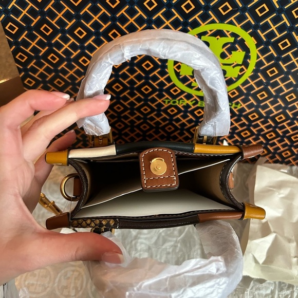 Tory Burch T Monogram Grommet Mini Tote Bag Crossbody Ivory Tan Brown Gold - Picture 7 of 14